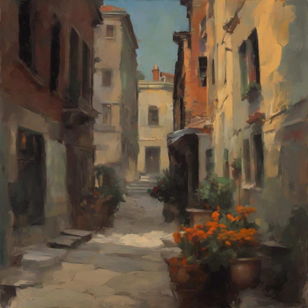 Μονογιάλι street scene painting with vibrant colors and impressionist style, illustrating chaos as a source of creativity.