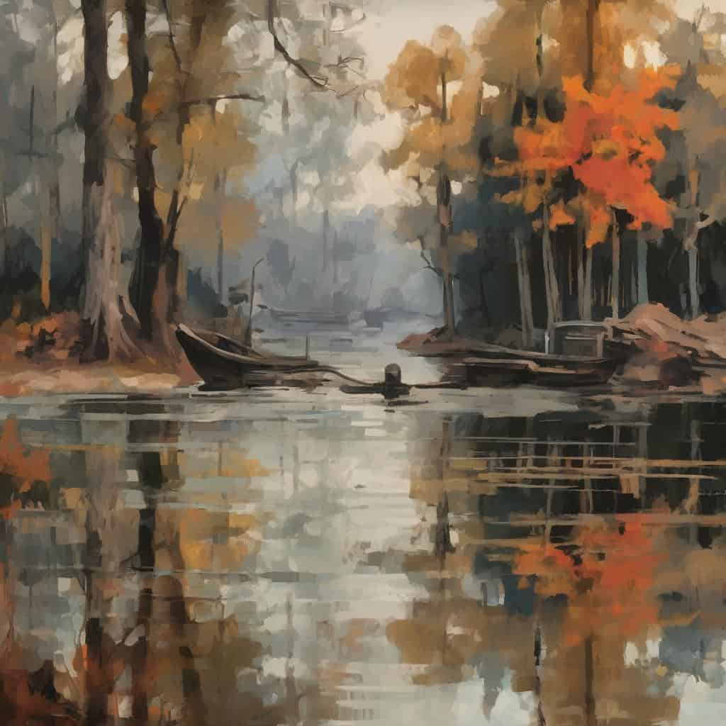 Μπουνιές φθινοπώρου σε δάσος με γαλήνιο ποτάμι και σκαριά σκαλισμένα στα νερά.