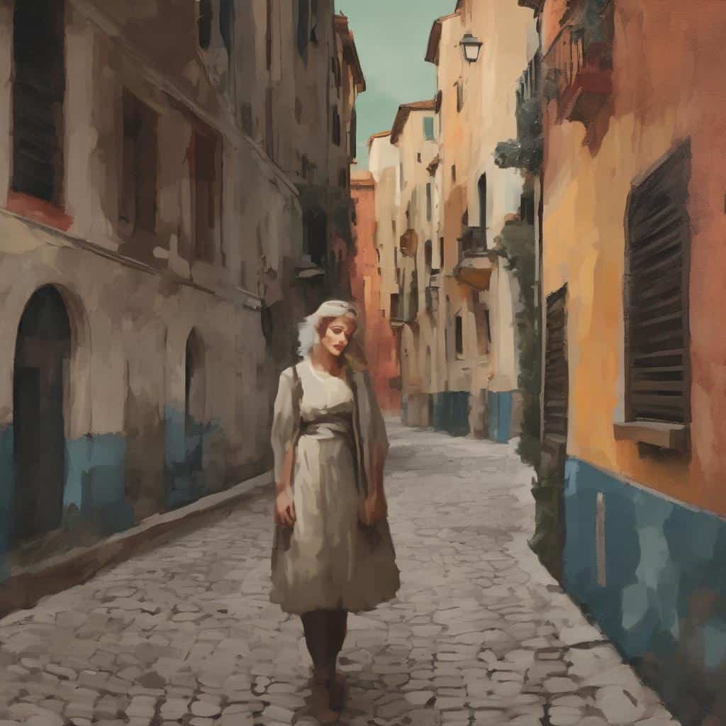 Ρομαντική γυναίκα σε ιστορική μεγαλούπολη με πλακόστρωτο δρομάκι, δημιουργική έμπνευση από το χάος.