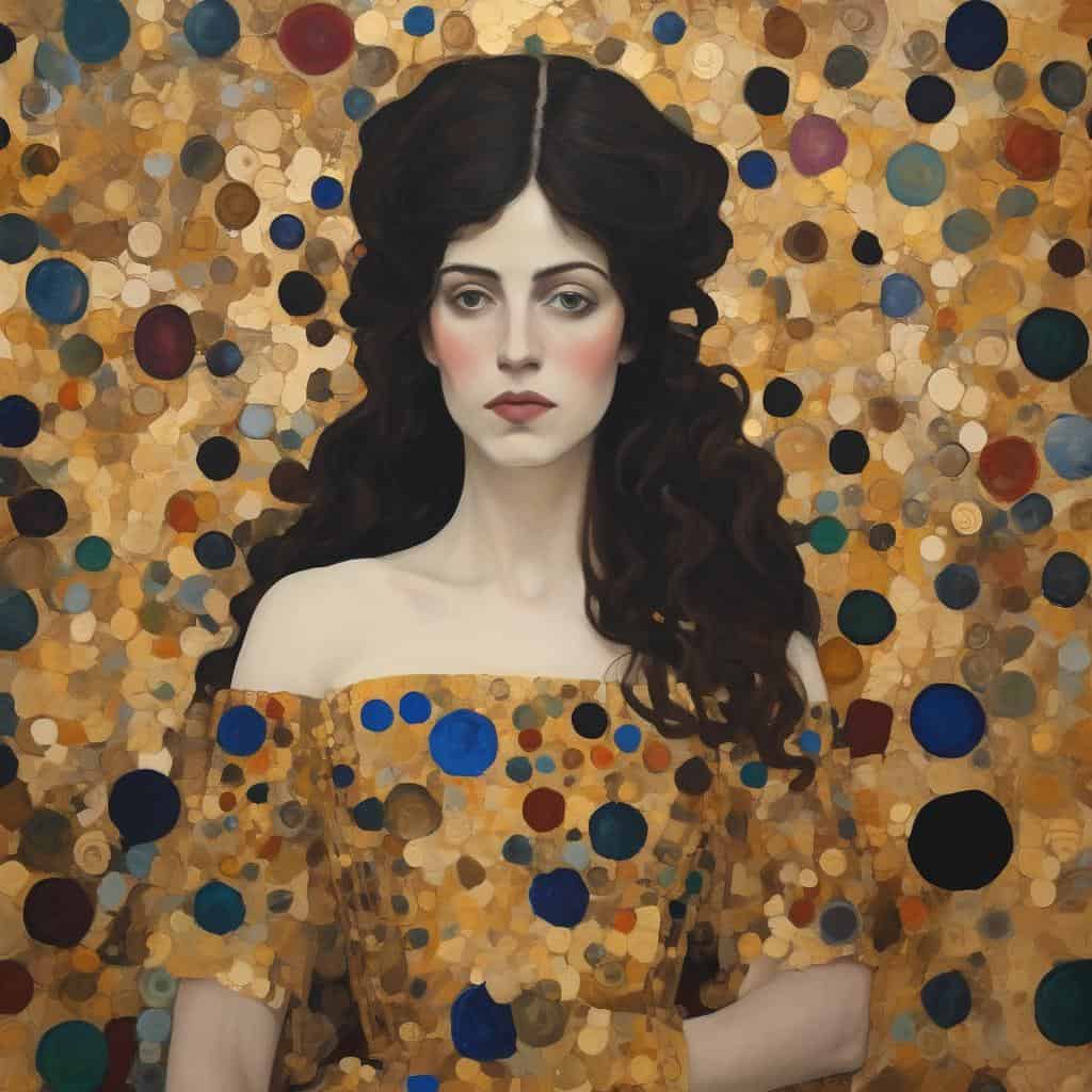 Ομορφιά και δημιουργικότητα σε μια ζωγραφιά με πολύχρωμα, αφηρημένα στοιχεία και μια γοητευτική γυναίκα.